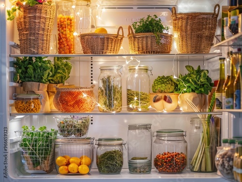 Fridge Interior with Fruits and Vegetables, glass jars, minimalist kitchen, fridgescaping
 photo