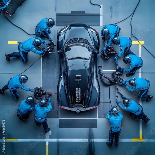 Aerial view of a car receiving rapid servicing from a dedicated pit crew in matching blue gear, showcasing their coordination and efficiency in racing.