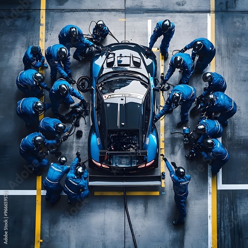 Aerial view of a car receiving rapid servicing from a dedicated pit crew in matching blue gear, showcasing their coordination and efficiency in racing.