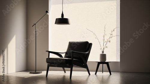 generative ai, Minimalist Living Room with Armchair, Floor Lamp, and Potted Plant