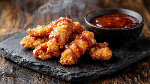 Crispy chicken tenders coated in a sweet and tangy barbecue sauce, served with a small bowl of additional sauce. photo