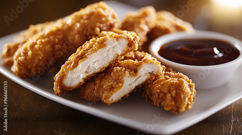 Crispy chicken tenders served on a white plate with a small bowl of barbecue sauce, with one tender cut open to reveal the juicy, cooked chicken inside.