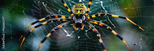 Close up of a stunning Japanese Yellow Joro Spider in a web photo