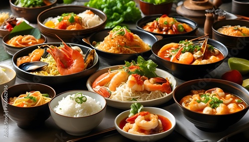 Vibrant Asian culinary feast featuring a variety of rice, noodles, and seafood dishes beautifully arranged on a table.