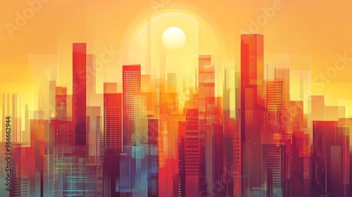 Abstract cityscape with vibrant colors at sunset, futuristic urban concept