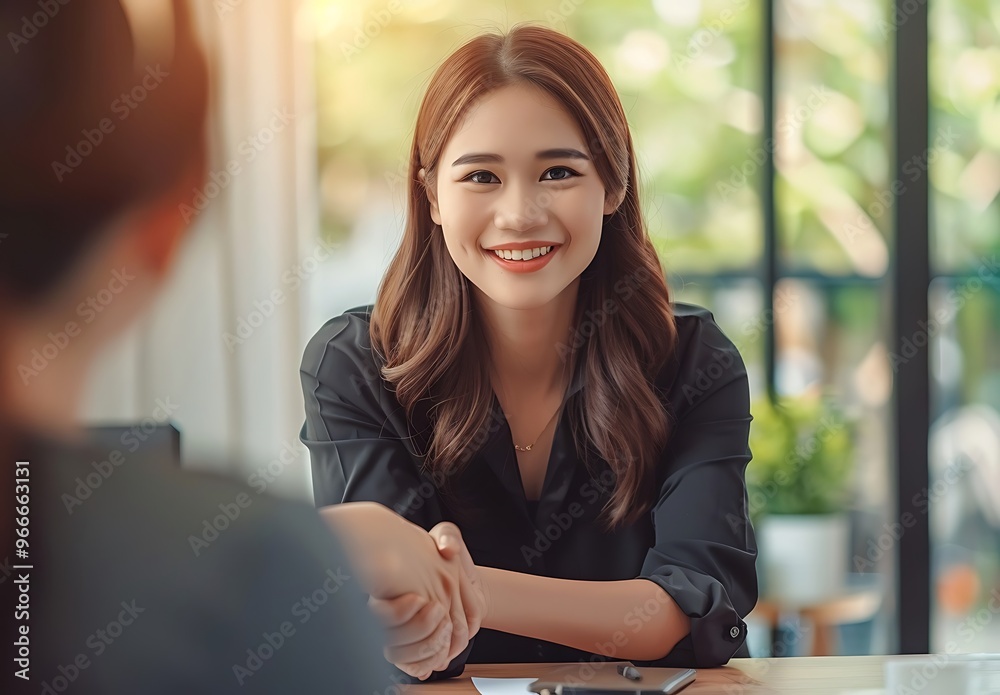 Two Well Dressed Businesswomen Shaking Hands At The Office Two Well Dressed Businesswomen Shaking Hands At The Office
