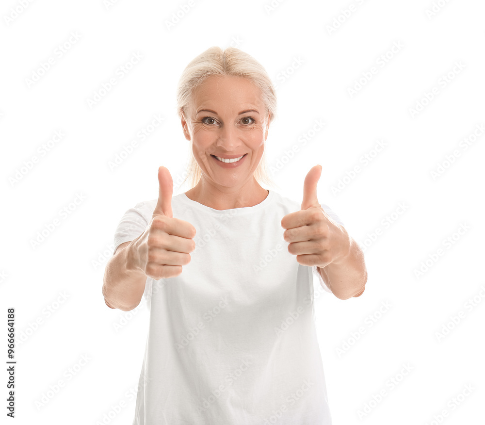 Mature woman showing thumbs-up on white background Mature woman showing thumbs-up on white background