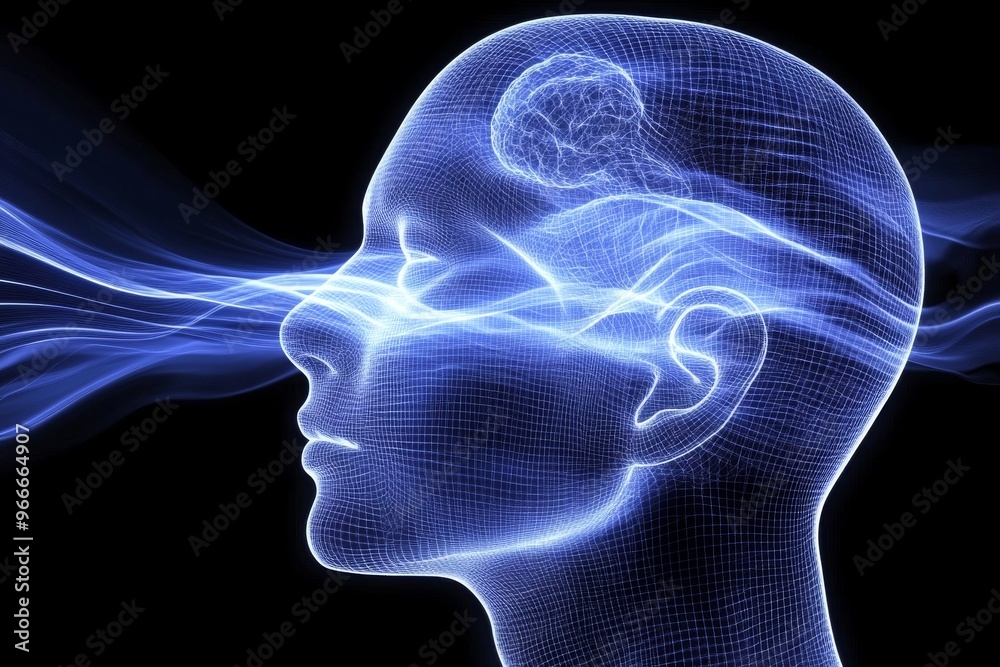 Neural pattern coding synaptic junction feedback and brain graphic side profile of a head with glowing brain and neural signals symbolizing cognitive focus and brain activity Neural pattern coding synaptic junction feedback and brain graphic side profile of a head with glowing brain and neural signals symbolizing cognitive focus and brain activity