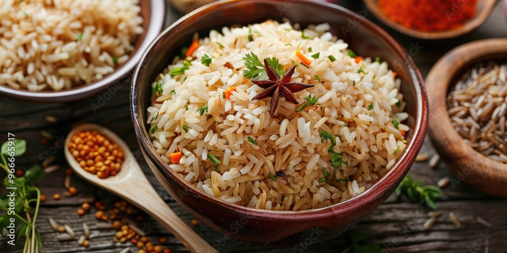 Bowl filled with brown rice served Bowl filled with brown rice served