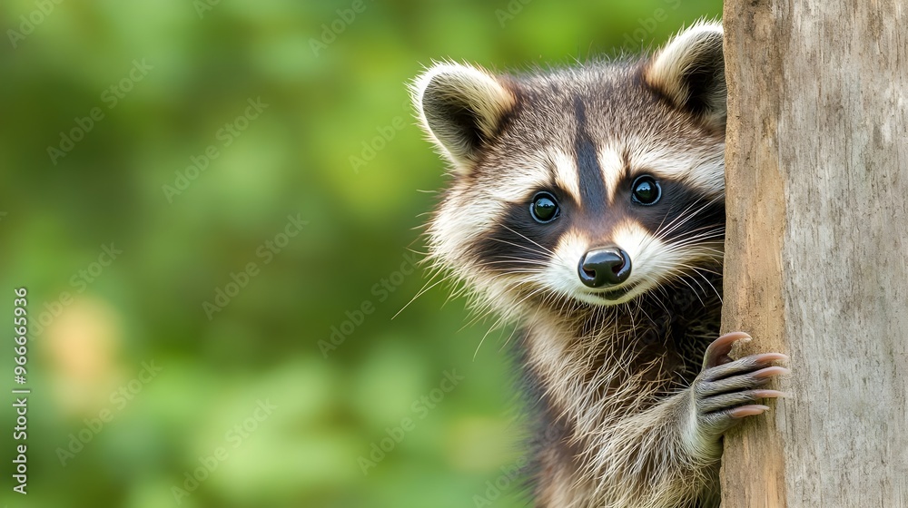 A curious raccoon peeking from behind a tree, showcasing its playful nature and beautiful fur in a vibrant green background. A curious raccoon peeking from behind a tree, showcasing its playful nature and beautiful fur in a vibrant green background.