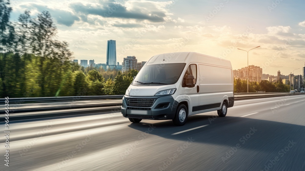 White Delivery Van on Highway: Fast Urban Distribution Service. White Delivery Van on Highway: Fast Urban Distribution Service.