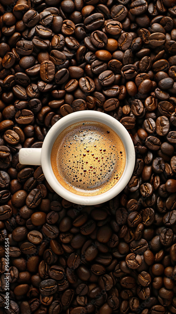 a cup of coffee inside a pile of coffee beans. coffee background a cup of coffee inside a pile of coffee beans. coffee background