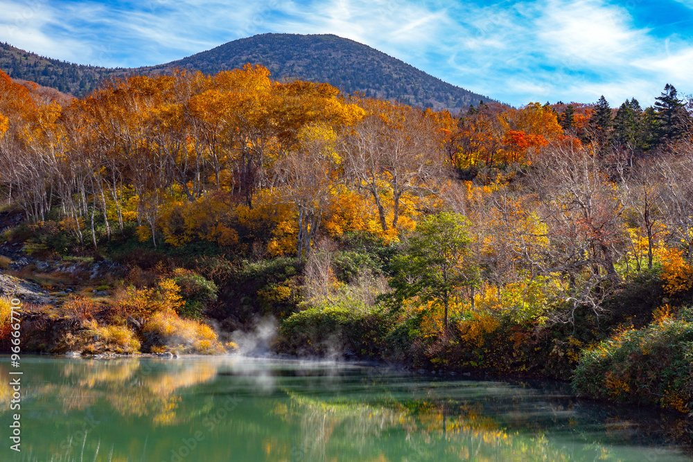 Beautiful autumn panoramic landscape in around Jigokunuma pond in Aomori, Japan Beautiful autumn panoramic landscape in around Jigokunuma pond in Aomori, Japan
