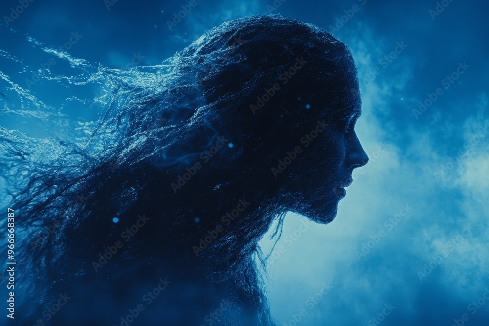 Transneural communication electrophotography and neuroprosthetic signal woman with digital waves surrounding symbolizing thought transmission imagination and neural interaction Transneural communication electrophotography and neuroprosthetic signal woman with digital waves surrounding symbolizing thought transmission imagination and neural interaction