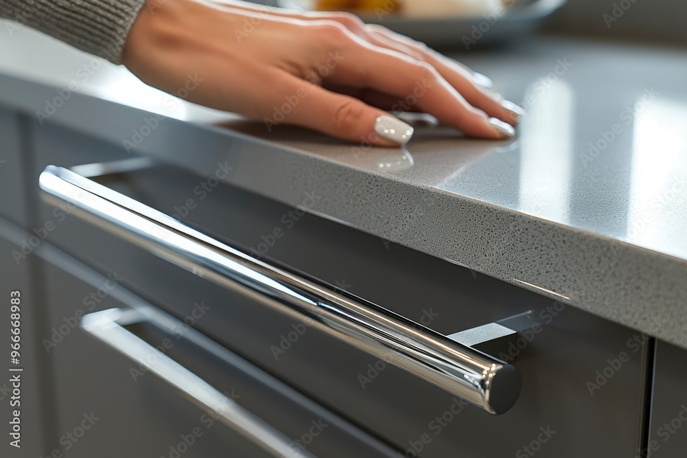 Close-up of a hand on a modern kitchen counter with a chrome drawer handle Close-up of a hand on a modern kitchen counter with a chrome drawer handle