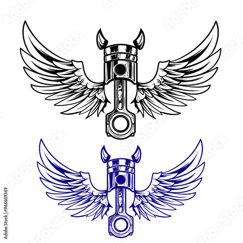 Winged piston motorcycle, isolated racing symbol monochrome color tattoo. Vector vintage bike club icon, car piston with wings or apparel and merchandise Championship or tournament on racing design