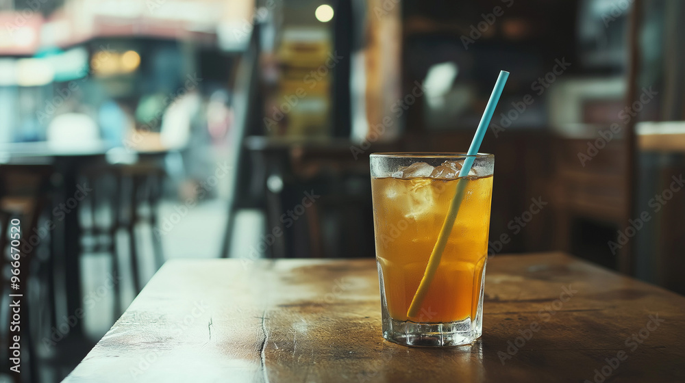 A close up of apple juice with straw on wooden table in restaurant A close up of apple juice with straw on wooden table in restaurant