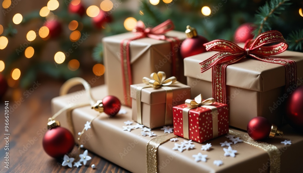 A festive Christmas scene featuring beautifully wrapped presents with gold and red bows, surrounded by glowing lights and decorations. A festive Christmas scene featuring beautifully wrapped presents with gold and red bows, surrounded by glowing lights and decorations.