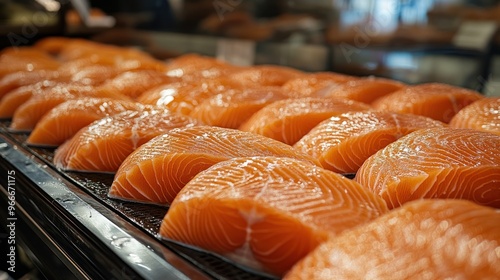 Fresh Red Fish at Market: Salmon and Trout in Seafood Display.