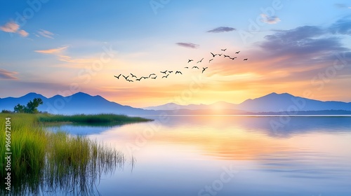 A serene landscape showcasing a tranquil lake, silhouetted mountains, and birds flying across a colorful sunrise sky.