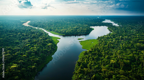 A lush green jungle with a river running through it. The sky is cloudy and the sun is shining through the clouds