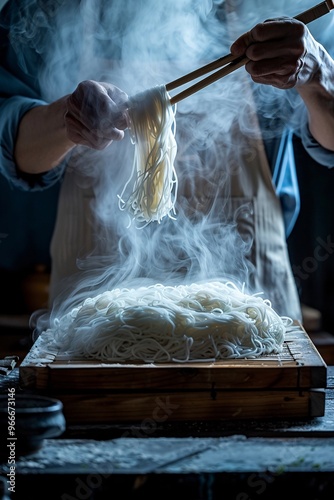 Close up of Japanese Lamian Noodles and chopsticks photo