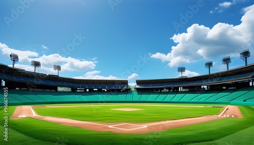 Vibrant Baseball Field Under Clear Blue Sky with Lush Green Grass and Ample Copy Space