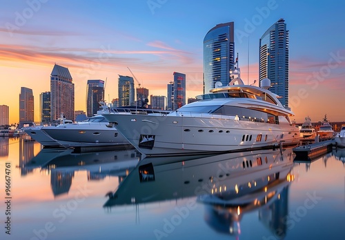 SAN DIEGO MARINA With Luxury Yachts And Skyscrapers Against A Blue Evening Sky.