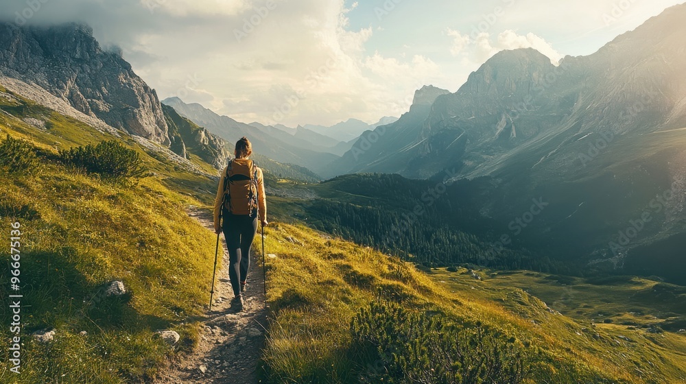 A man is walking on a trail in the mountains