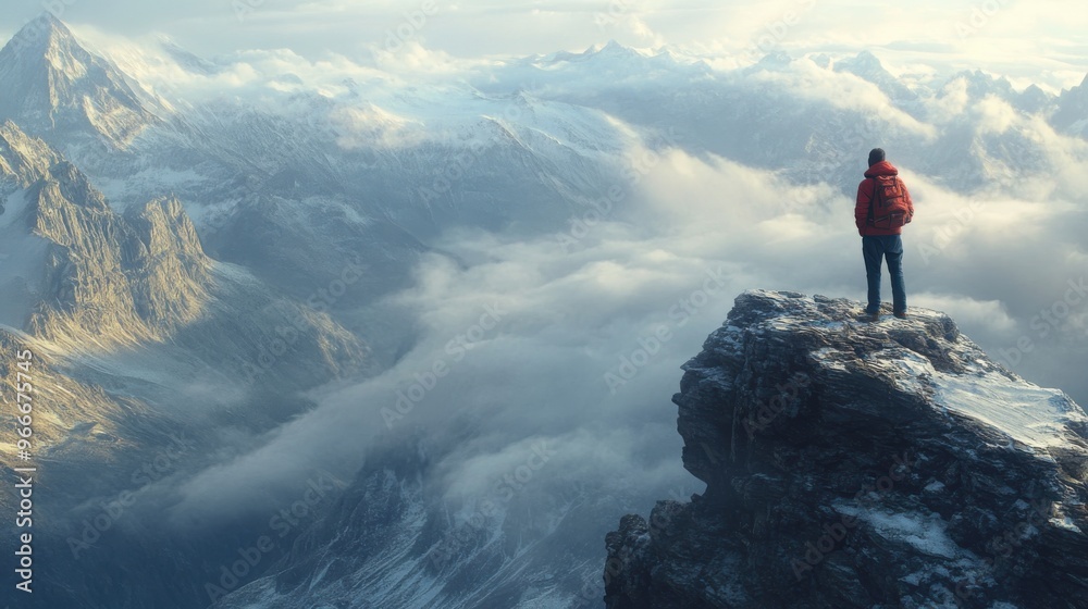 A man stands on a mountain top, looking out over a snowy landscape A man stands on a mountain top, looking out over a snowy landscape