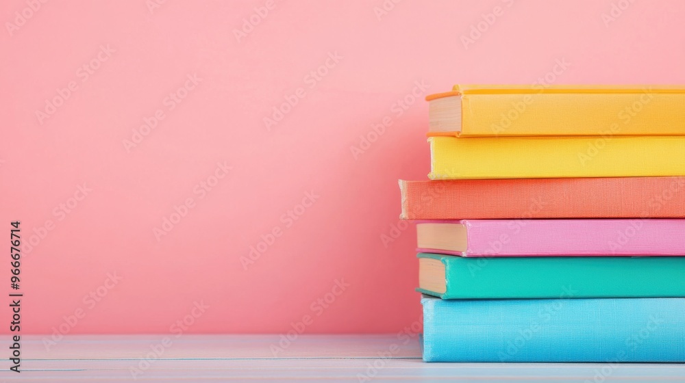 A vibrant stack of colorful books rests against a soft pink background, creating a lively and inviting aesthetic perfect for reading A vibrant stack of colorful books rests against a soft pink background, creating a lively and inviting aesthetic perfect for reading