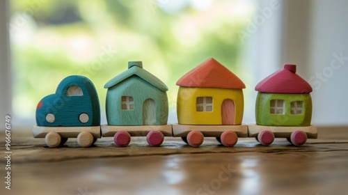 A vibrant collection of wooden toys features a car, colorful houses, and a train displayed in a light-filled room photo