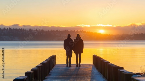 A couple stands close together on a wooden pier, admiring the vibrant sunset over the calm lake and distant landscape photo