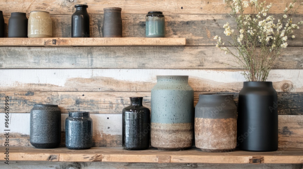 A rustic display showcases a collection of uniquely shaped vases on wooden shelves against a weathered stone wall A rustic display showcases a collection of uniquely shaped vases on wooden shelves against a weathered stone wall