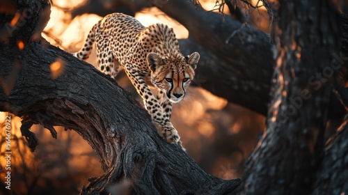 Cheetah walking on a tree in the savanna.