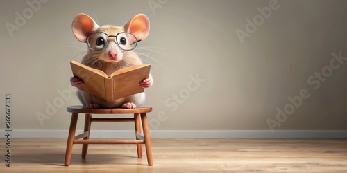 Wallpaper Mural Cute mouse in glasses reading a book on a wooden chair , mouse, glasses, reading, book, wooden chair, cute, adorable Torontodigital.ca