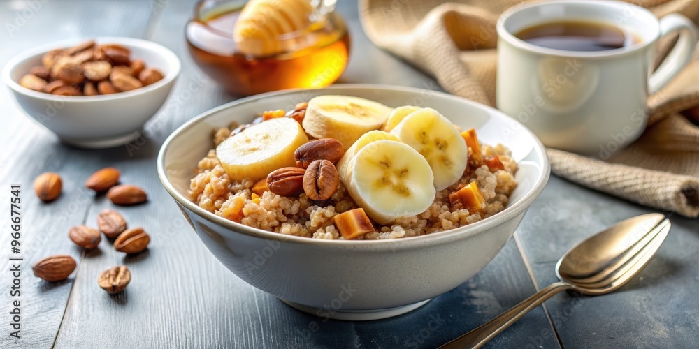 Wholesome morning breakfast bowl with quinoa, banana, walnuts, and maple syrup , healthy, nutritious, breakfast, bowl Wholesome morning breakfast bowl with quinoa, banana, walnuts, and maple syrup , healthy, nutritious, breakfast, bowl