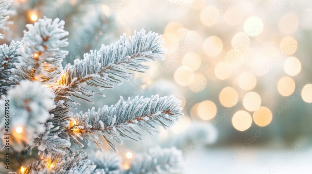 Frost-covered pine branches twinkle with warm lights, offering a cozy feel during the winter holiday season Frost-covered pine branches twinkle with warm lights, offering a cozy feel during the winter holiday season