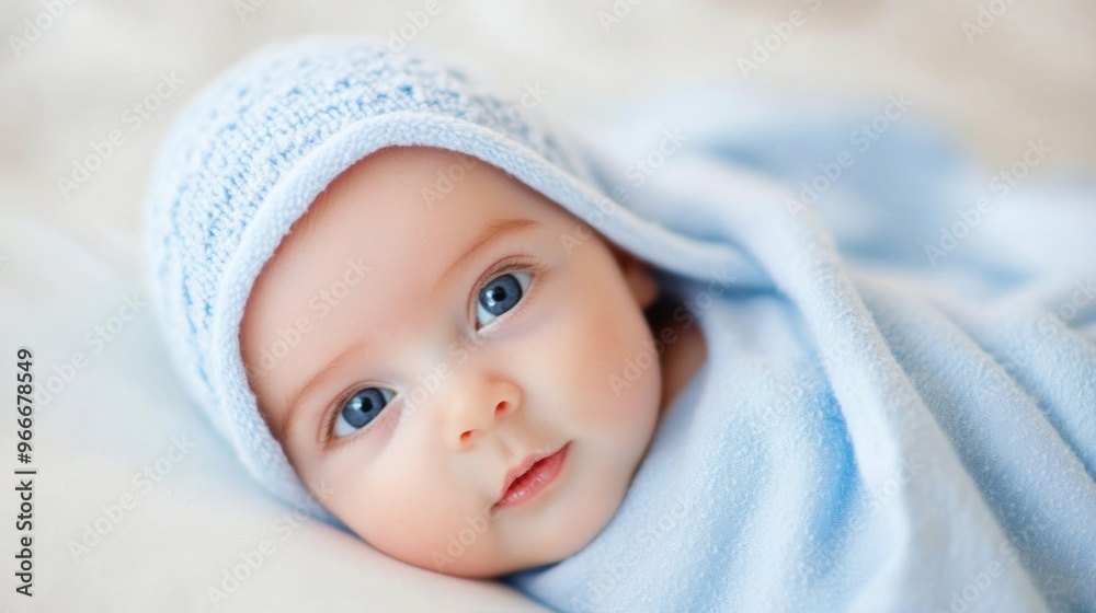 A newborn baby cozily swaddled in a soft blue blanket, gazing softly while resting in a tranquil indoor setting A newborn baby cozily swaddled in a soft blue blanket, gazing softly while resting in a tranquil indoor setting