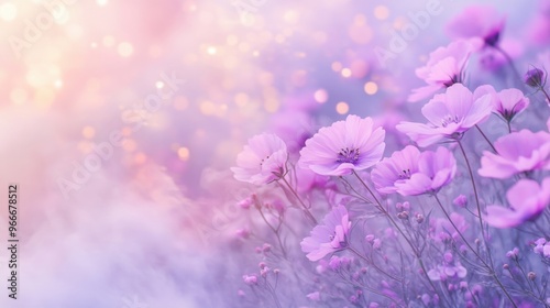 Fototapeta Naklejka Na Ścianę i Meble -  Delicate purple flowers bloom surrounded by enchanting smoke, creating an ethereal atmosphere in a peaceful garden