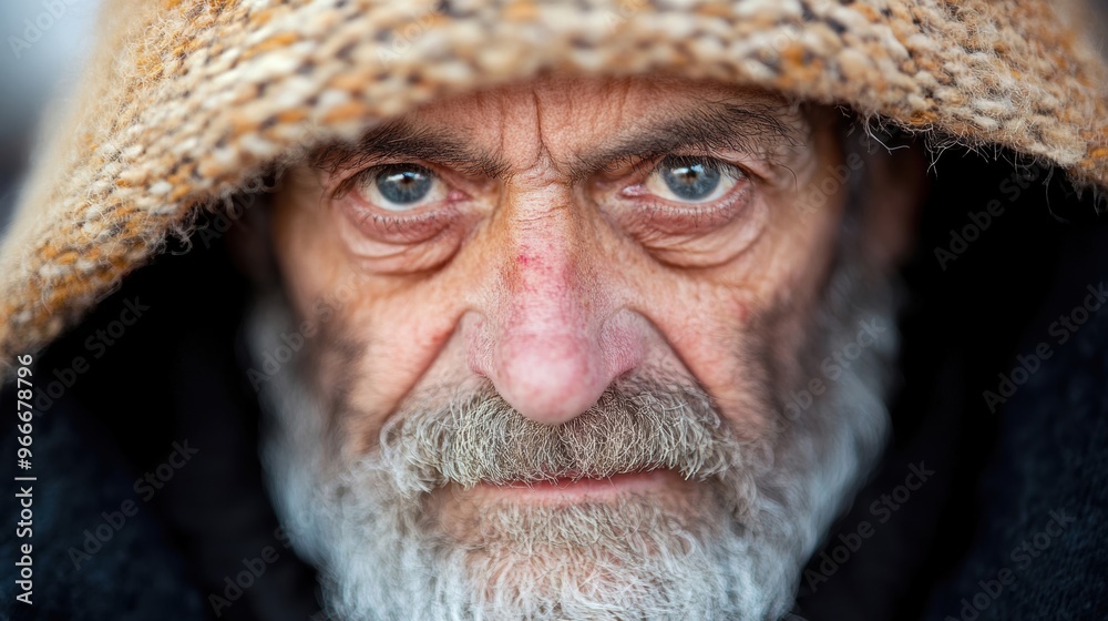 An elderly man with a weathered face stares directly at the viewer, revealing the depth of his experiences and emotions in outdoor light An elderly man with a weathered face stares directly at the viewer, revealing the depth of his experiences and emotions in outdoor light