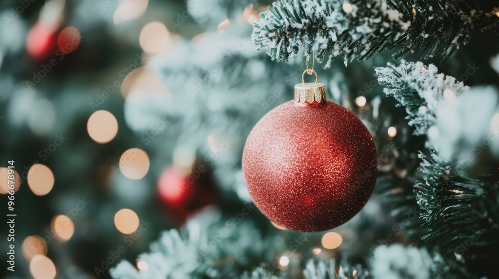 A vibrant red Christmas bauble dangles from a lush green tree adorned with twinkling lights, creating a festive atmosphere A vibrant red Christmas bauble dangles from a lush green tree adorned with twinkling lights, creating a festive atmosphere