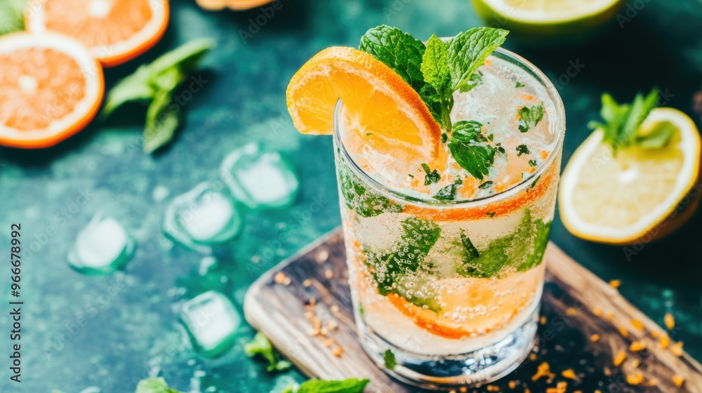 Fototapeta premium A vibrant citrus drink with mint sprigs and orange slices is served on a wooden board, surrounded by fresh fruits and ice cubes