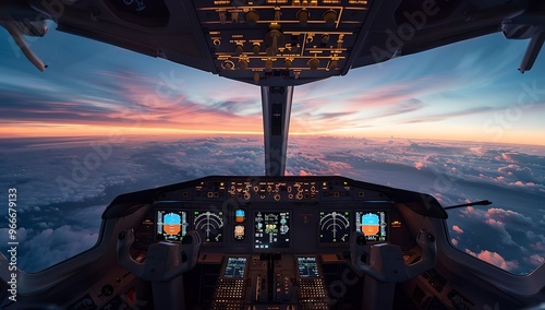 Cockpit: View Of An Airplane At Sunset With Flight Instruments And Scattered Clouds.