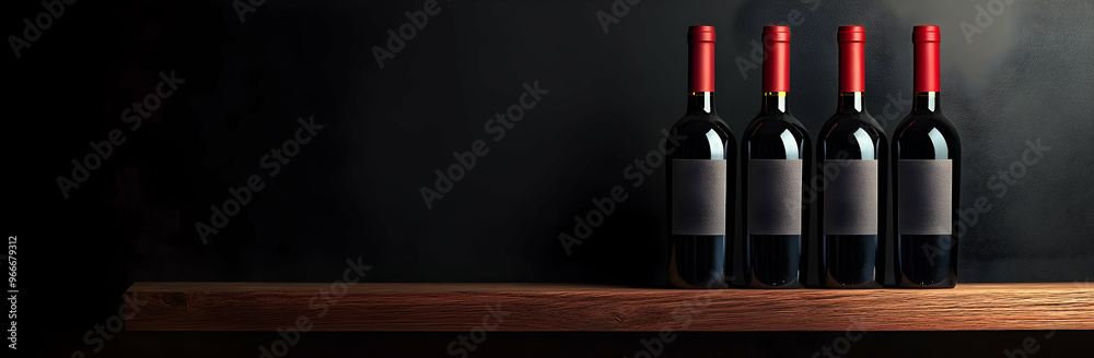 Bottles of red wine on a wooden shelf, panoramic web banner on black background with copy space Bottles of red wine on a wooden shelf, panoramic web banner on black background with copy space