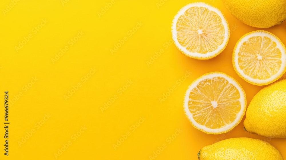 Freshly sliced lemons are beautifully displayed on a vivid yellow backdrop, highlighting their juicy texture and bright color Freshly sliced lemons are beautifully displayed on a vivid yellow backdrop, highlighting their juicy texture and bright color