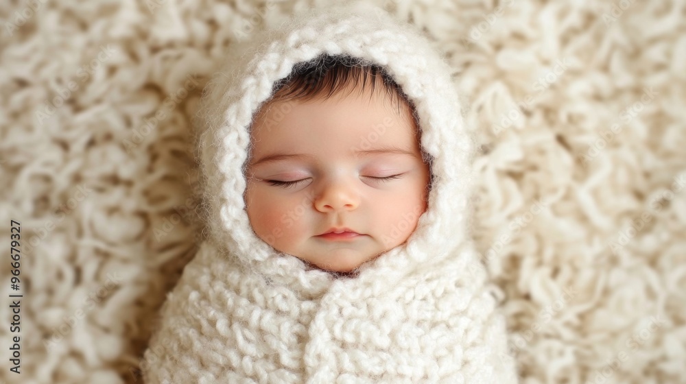 A sleeping newborn wrapped snugly in a soft knit blanket, resting peacefully on a fluffy surface in a calm indoor environment A sleeping newborn wrapped snugly in a soft knit blanket, resting peacefully on a fluffy surface in a calm indoor environment
