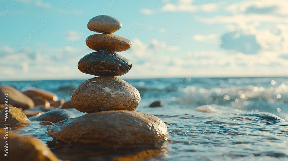 Fototapeta premium A stack of rocks on a beach. The rocks are arranged in a pyramid shape. The scene is calm and peaceful, with the ocean in the background