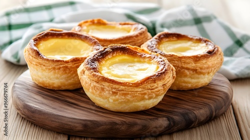 Delicious freshly baked custard tarts on a wooden board, featuring a golden crust and creamy filling, perfect for dessert lovers.