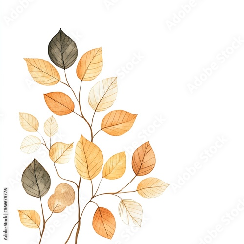 Fall season card border, leaf element, intricate detail, golden hues, isolated on white background